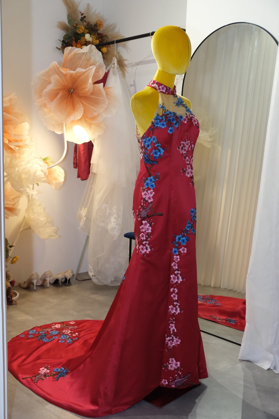 BG-WED-AME-10101 PREMIUM RED CHEONGSAM FABRIC FULL LACE SIZE XXL BUST 96 WAIST 79