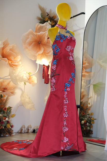 BG-WED-AME-10101 PREMIUM RED CHEONGSAM FABRIC FULL LACE SIZE XXL BUST 96 WAIST 79