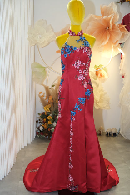 BG-WED-AME-10101 PREMIUM RED CHEONGSAM FABRIC FULL LACE SIZE XXL BUST 96 WAIST 79