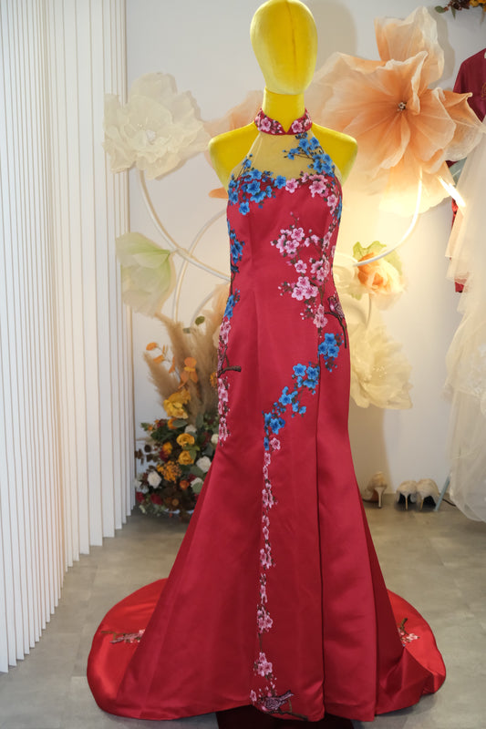 BG-WED-AME-10101 PREMIUM RED CHEONGSAM FABRIC FULL LACE SIZE XXL BUST 96 WAIST 79