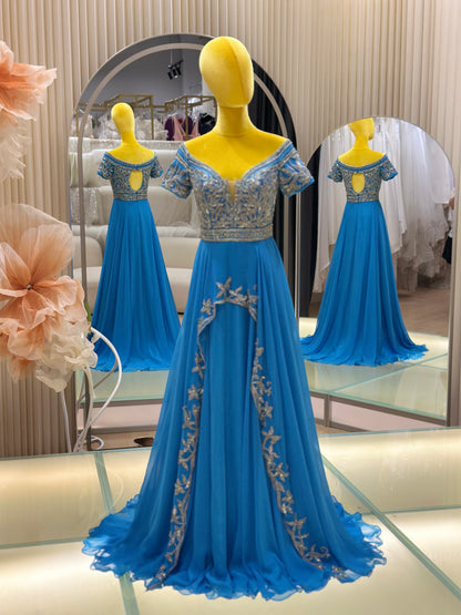 EG-AME-10011 EVENING GOWN PREMIUM FABRIC HALF LACE WITH BEADS SIZE L BUST 88 WAIST 72