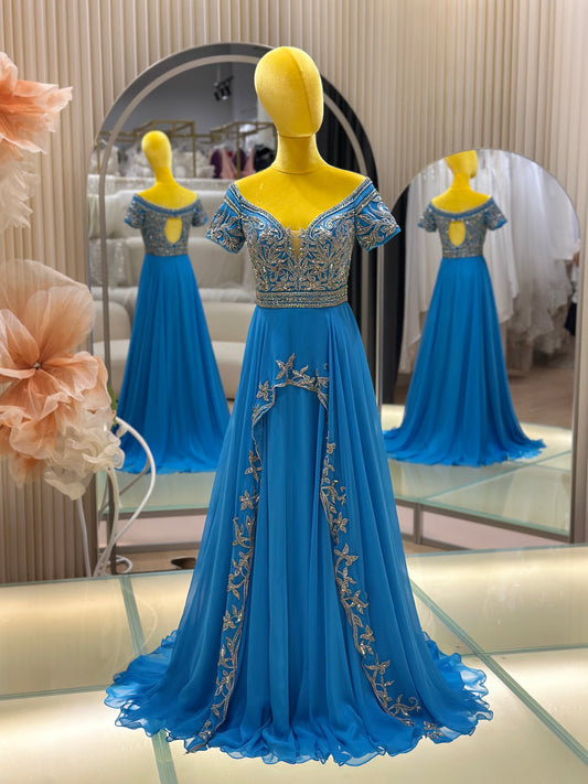 EG-AME-10011 EVENING GOWN PREMIUM FABRIC HALF LACE WITH BEADS SIZE L BUST 88 WAIST 72