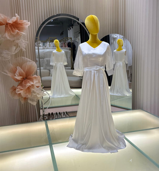 BG-WED-AME-10127 WEDDING GOWN FABRIC PLAIN WITH PLEATED SIZE XXL BUST 96 WAIST 78