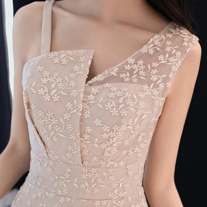 Simple Generous Champagne Long Host Temperament Banquet Party Small Evening Dress dress female