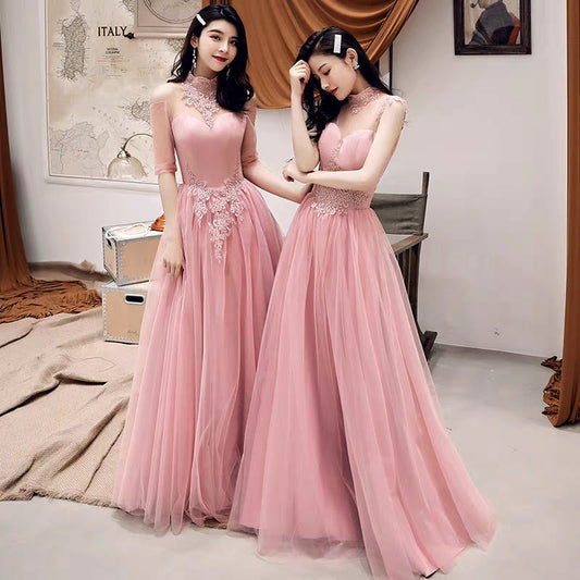 Bridesmaid clothing women new autumn and winter sisters skirt group net red vibrato with the same pink fairy temperament long section Korean version