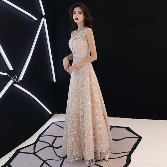 Simple Generous Champagne Long Host Temperament Banquet Party Small Evening Dress dress female