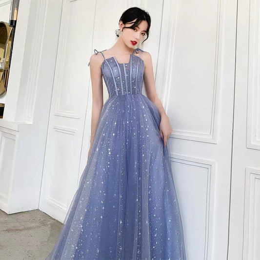 Banquet evening dress new temperament blue sling long starry sky dream party dress dress female