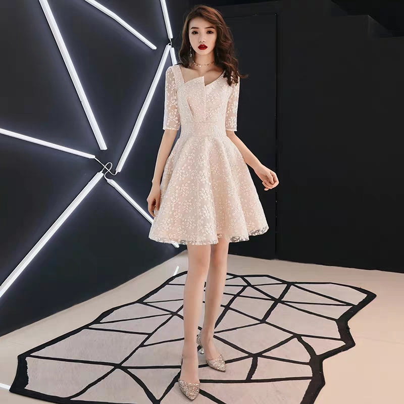 Simple Generous Champagne Long Host Temperament Banquet Party Small Evening Dress dress female