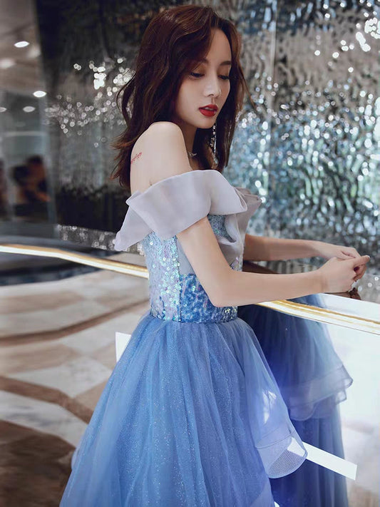 Banquet evening dress new winter temperament blue fairy long paragraph word shoulder sequins annual meeting dress skirt female