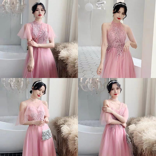 Pink bridesmaid dress new winter long section annual meeting evening dress skirt sister group wedding dress female was thin