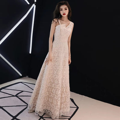 Simple Generous Champagne Long Host Temperament Banquet Party Small Evening Dress dress female