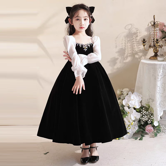 EG-SALE-AME-00143 Princess dress for girls high-end dress children's black evening dress birthday host long-sleeved square collar piano performance costume