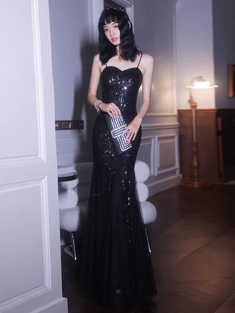 EG-SALE-AME-00107 Black sequined evening dress for women new style high-end luxury niche high-end temperament banquet sling fishtail