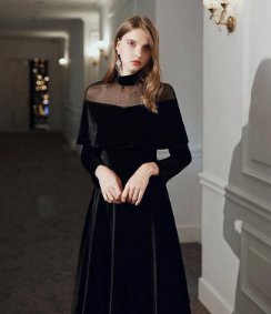 EG-SALE-AME-00153 Celebrity temperament mesh splicing velvet dress French retro skirt autumn and autumn women's small dress