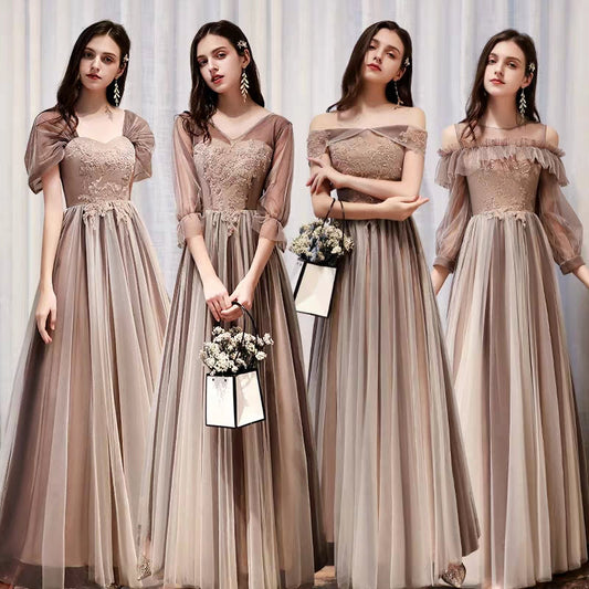 Bridesmaid dress female autumn and winter long-sleeved sister group coffee color evening dress 2019 new temperament long banquet dress