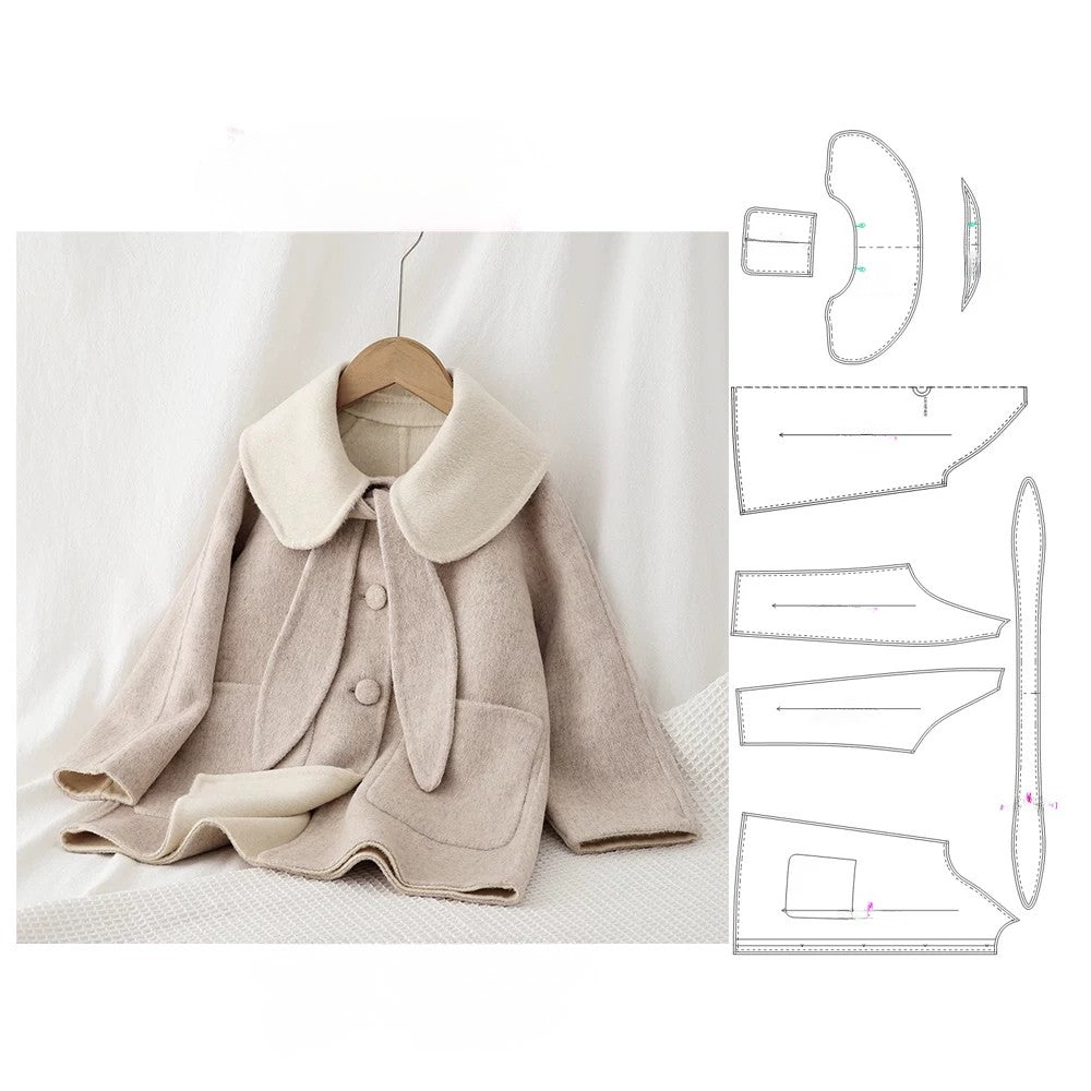 2047 parent-child outfit, cute bunny ears scarf style, large lapel raglan sleeve coat paper pattern patch pocket 1:1 clothing sample