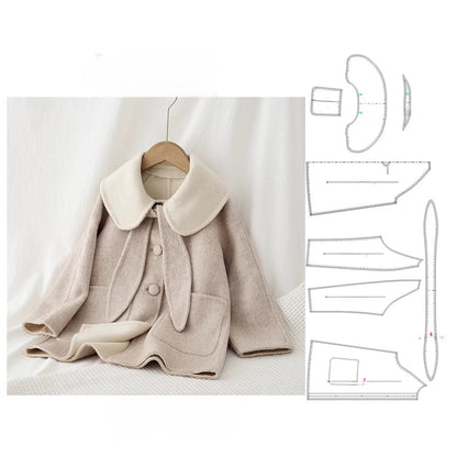 2047 parent-child outfit, cute bunny ears scarf style, large lapel raglan sleeve coat paper pattern patch pocket 1:1 clothing sample