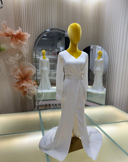 BG-WED-AME-10067 New European style temperament V-neck long sleeve backless slim sexy fashion outdoor wedding dress bride church ceremony dress