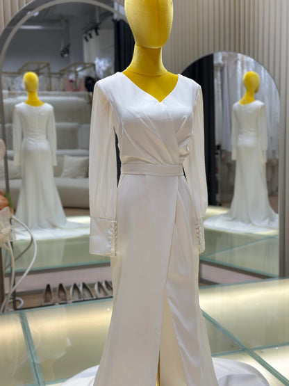 BG-WED-AME-10067 New European style temperament V-neck long sleeve backless slim sexy fashion outdoor wedding dress bride church ceremony dress