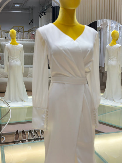 BG-WED-AME-10067 New European style temperament V-neck long sleeve backless slim sexy fashion outdoor wedding dress bride church ceremony dress