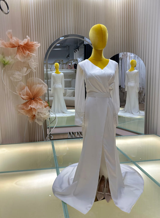 BG-WED-AME-10067 New European style temperament V-neck long sleeve backless slim sexy fashion outdoor wedding dress bride church ceremony dress