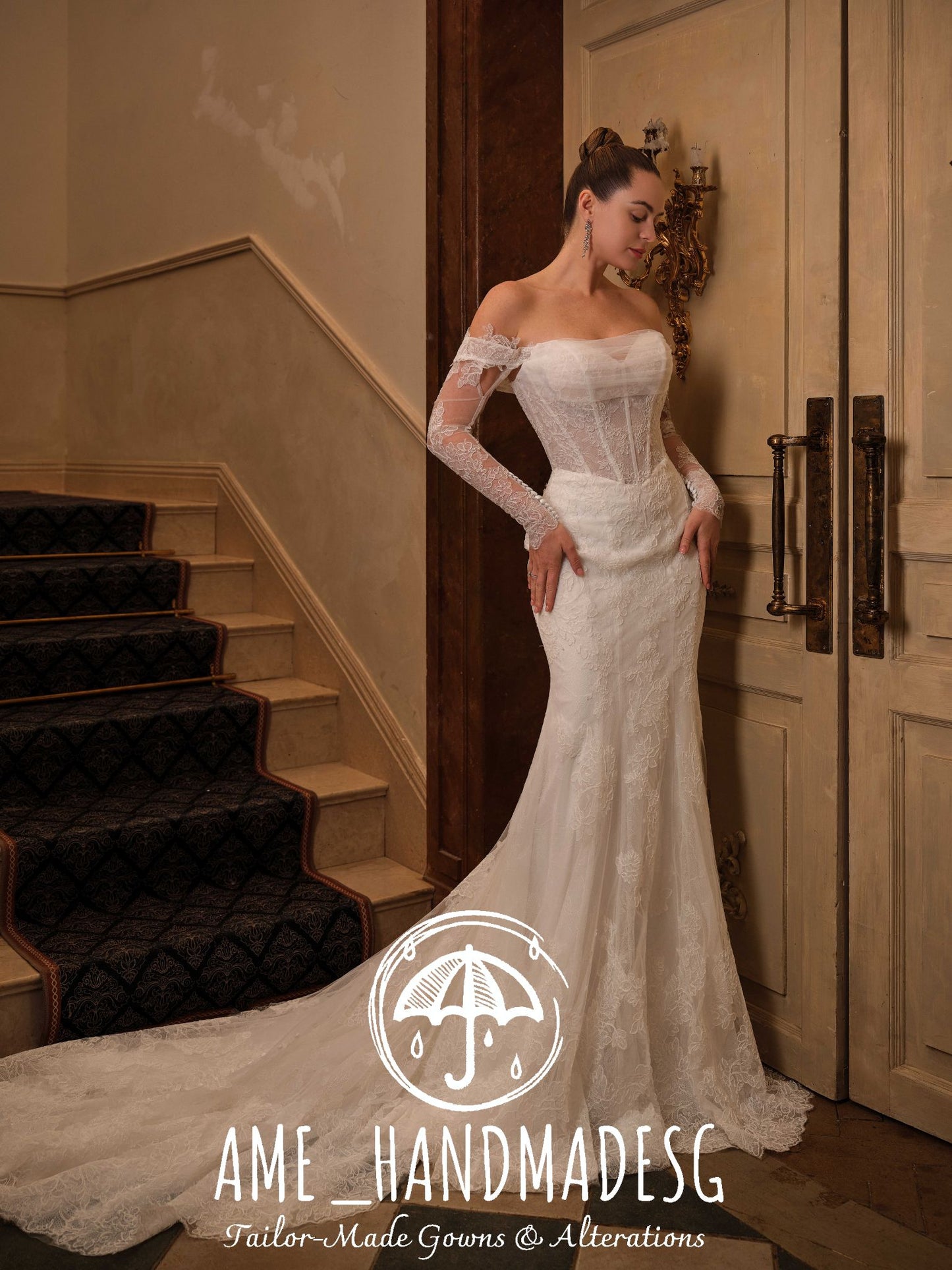 Timeless Allure — Off-Shoulder Lace Mermaid Gown with Signature Button Back