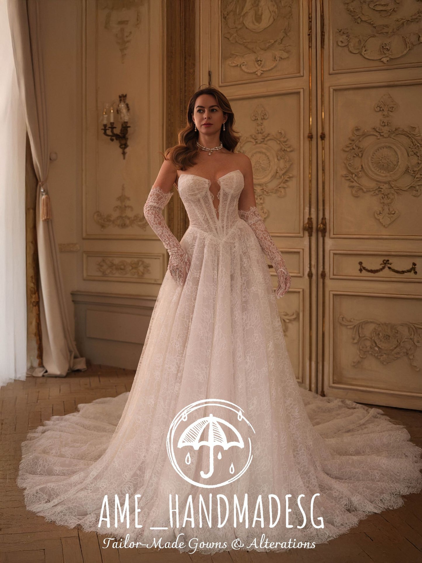 Regal Allure: A Couture Lace Bridal Gown with Gloves