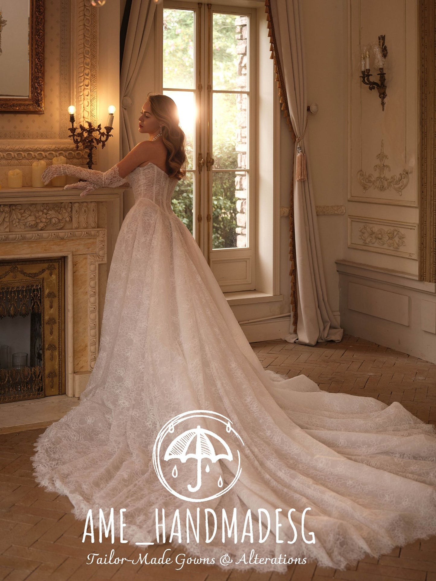 Regal Allure: A Couture Lace Bridal Gown with Gloves