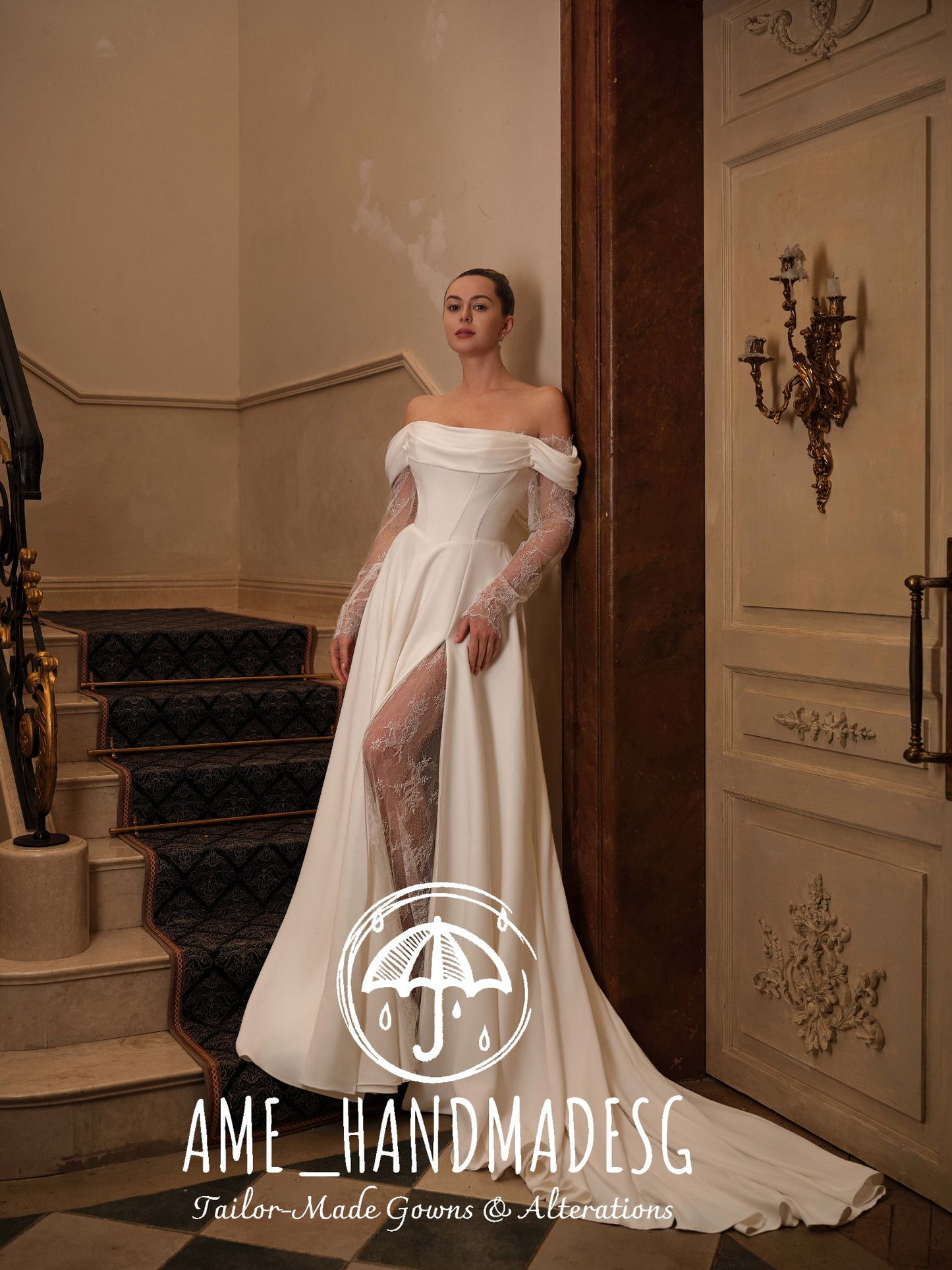 Ethereal Grace — Off-Shoulder Bridal Gown with Lace Illusion & Regal Slit