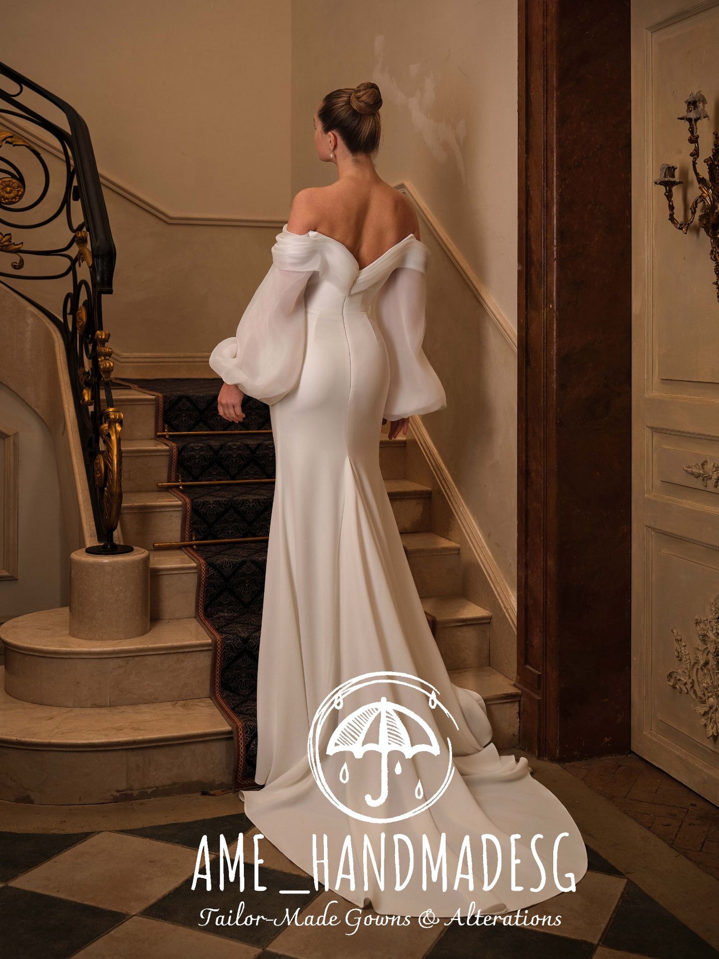 Ethereal Grace — Off-Shoulder Satin Bridal Gown with Sheer Sleeves