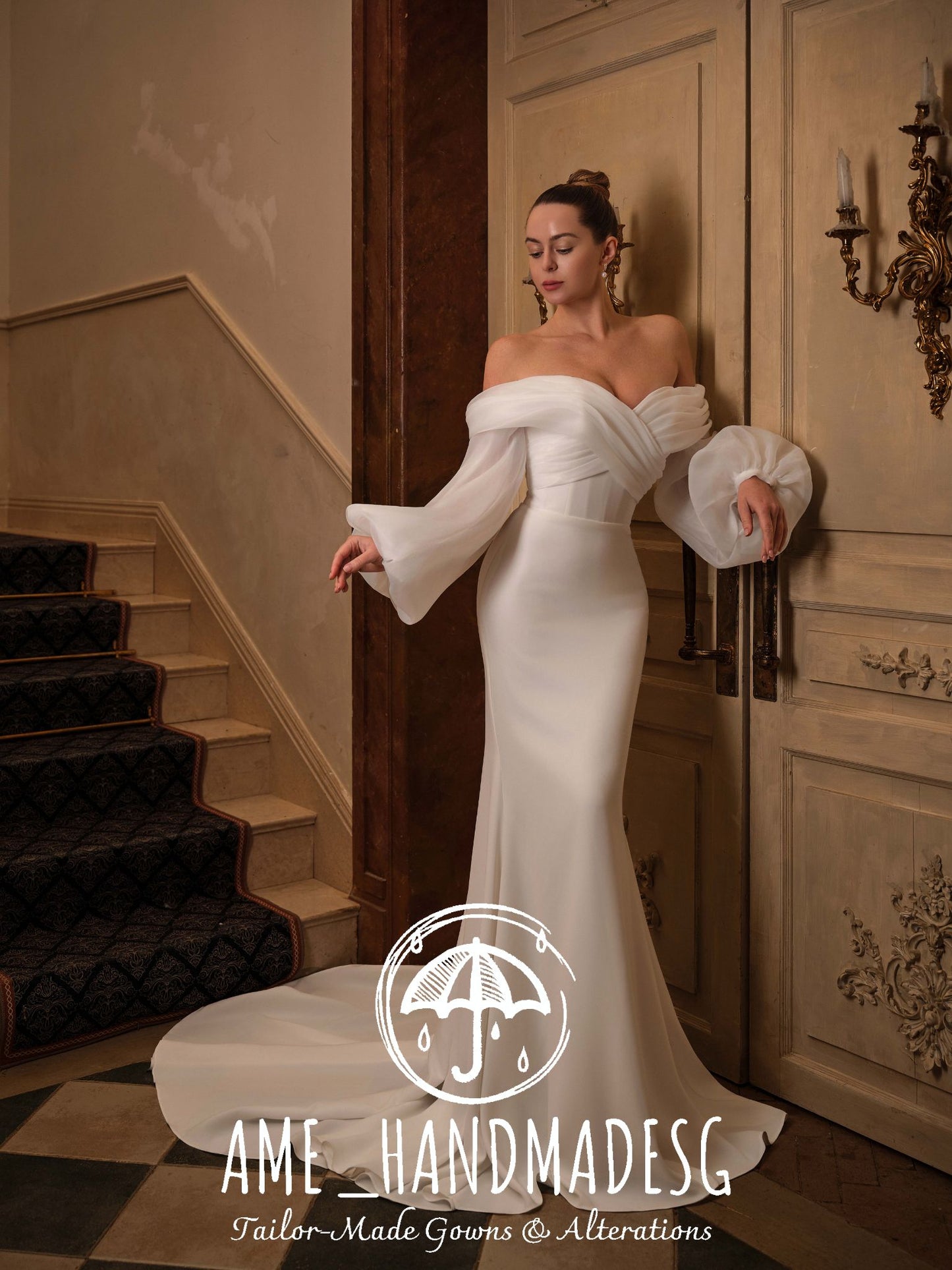 Ethereal Grace — Off-Shoulder Satin Bridal Gown with Sheer Sleeves