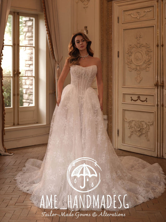 Ethereal Lumière: A Timeless Lace Ball Gown with Cathedral Train