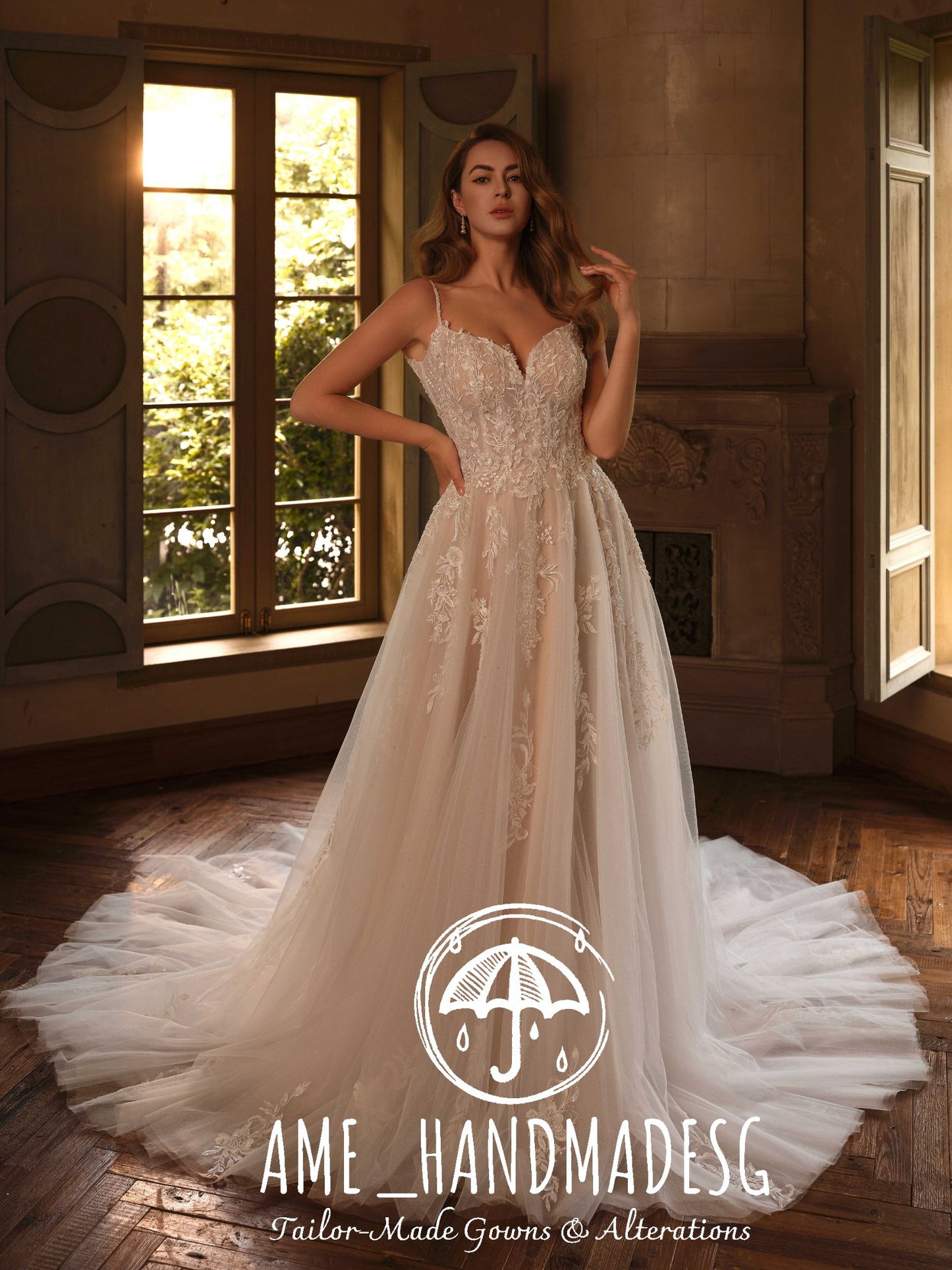 Luminous Romance – A Lace A-Line Bridal Gown with Soft Tulle Train