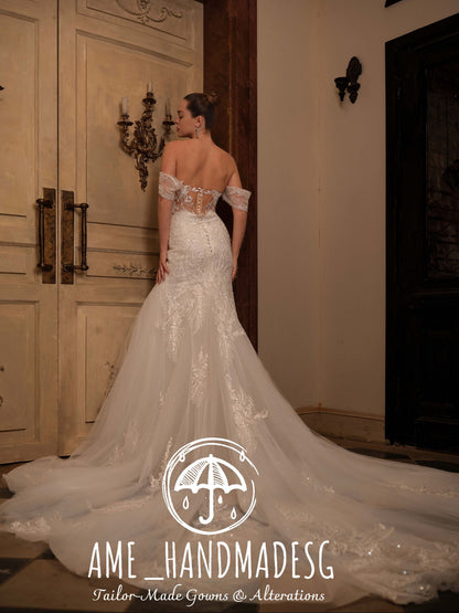Regal Whisper: An Off-Shoulder Illusion Mermaid Bridal Gown