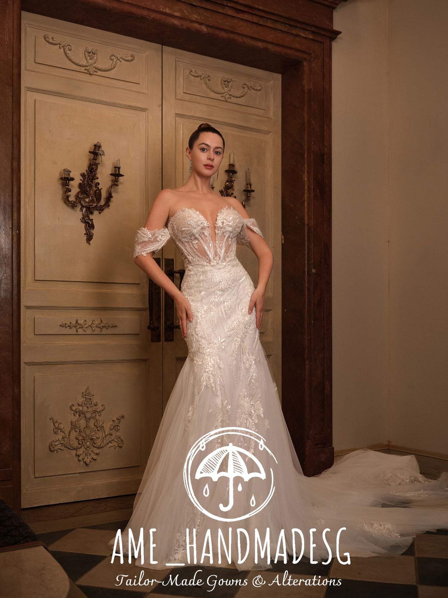 Regal Whisper: An Off-Shoulder Illusion Mermaid Bridal Gown