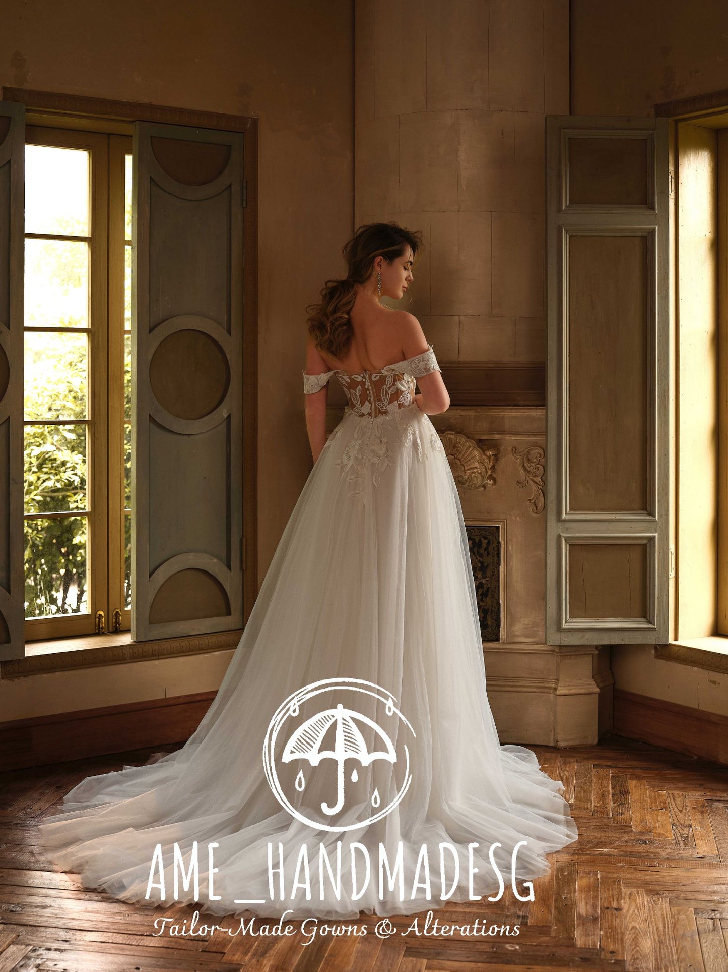 Eternal Poise – An Off-Shoulder Lace A-Line Bridal Gown with Corset Bodice and Chapel Train