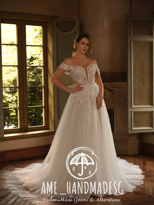 Eternal Poise – An Off-Shoulder Lace A-Line Bridal Gown with Corset Bodice and Chapel Train