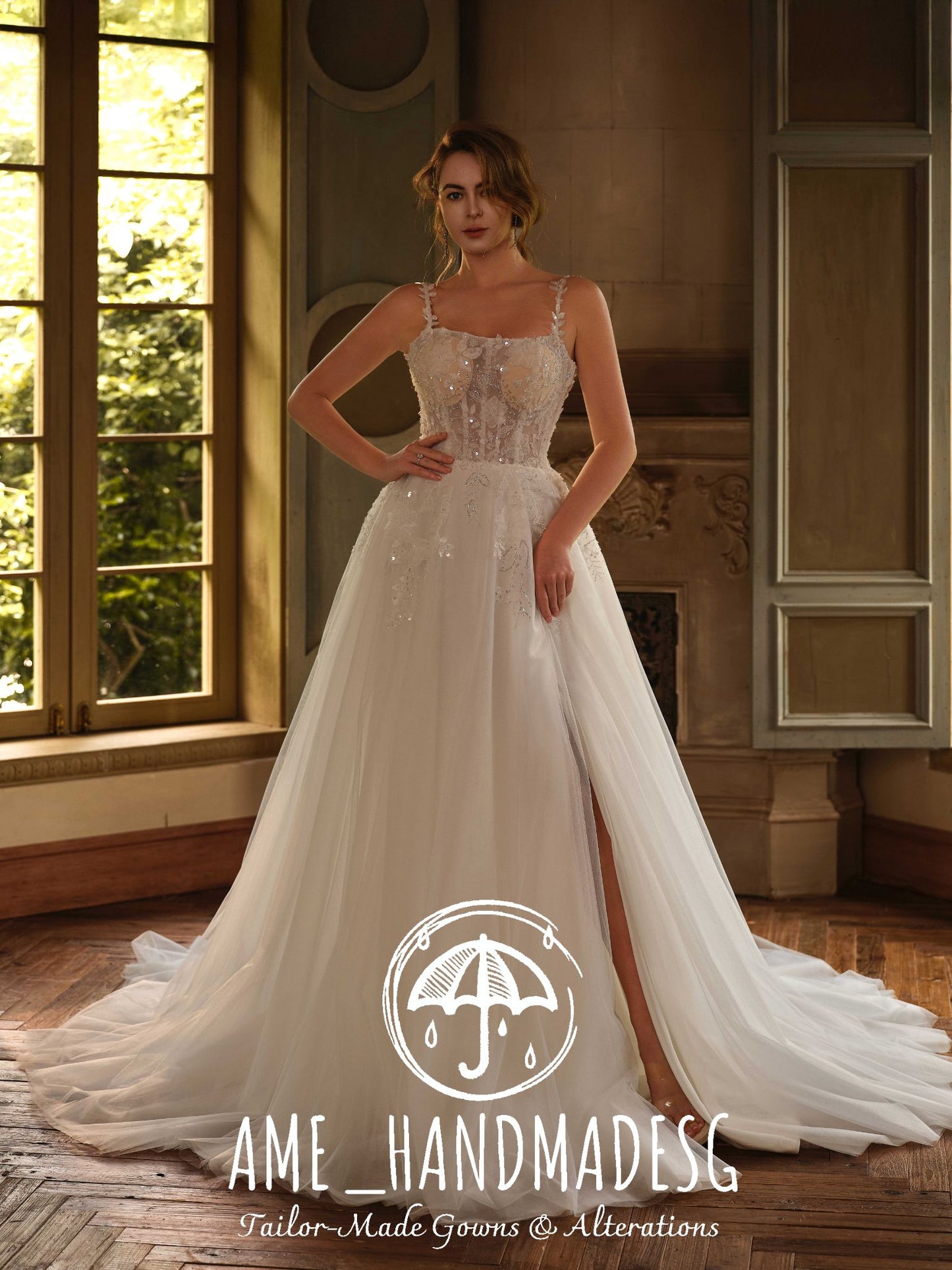 Serene Blossom – A Lace A-Line Bridal Gown with Delicate Straps and Soft Tulle Train