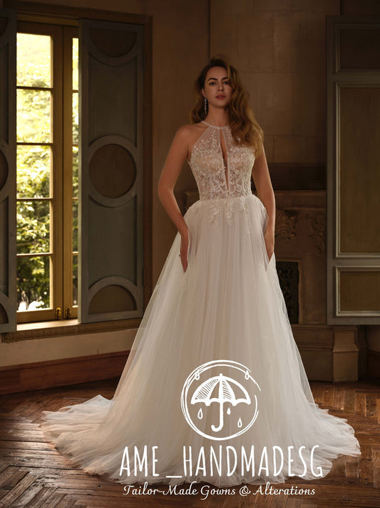 Sunny - Ethereal Grace – A Sheer Lace Halter Bridal Gown with Flowing Tulle Skirt