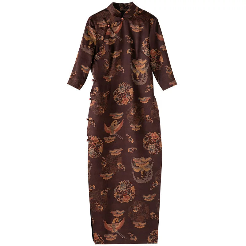 Vintage Chinese Cheongsam Silk Dress with Floral Print High Slit