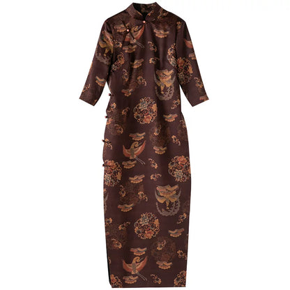 Vintage Chinese Cheongsam Silk Dress with Floral Print High Slit