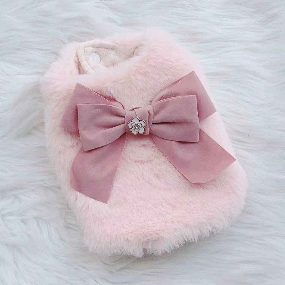 Fur Big Bow Pet Dog Autumn Winter Warm Cotton Vest Teddy Yorkshire Panda Cat Clothes