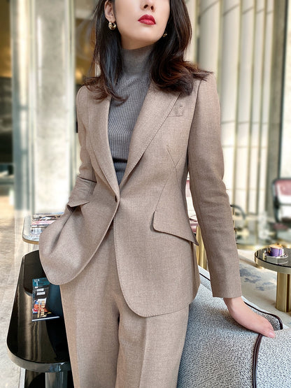 Winter Woolen Oat Coffee Women's Suit Set Loose Pants