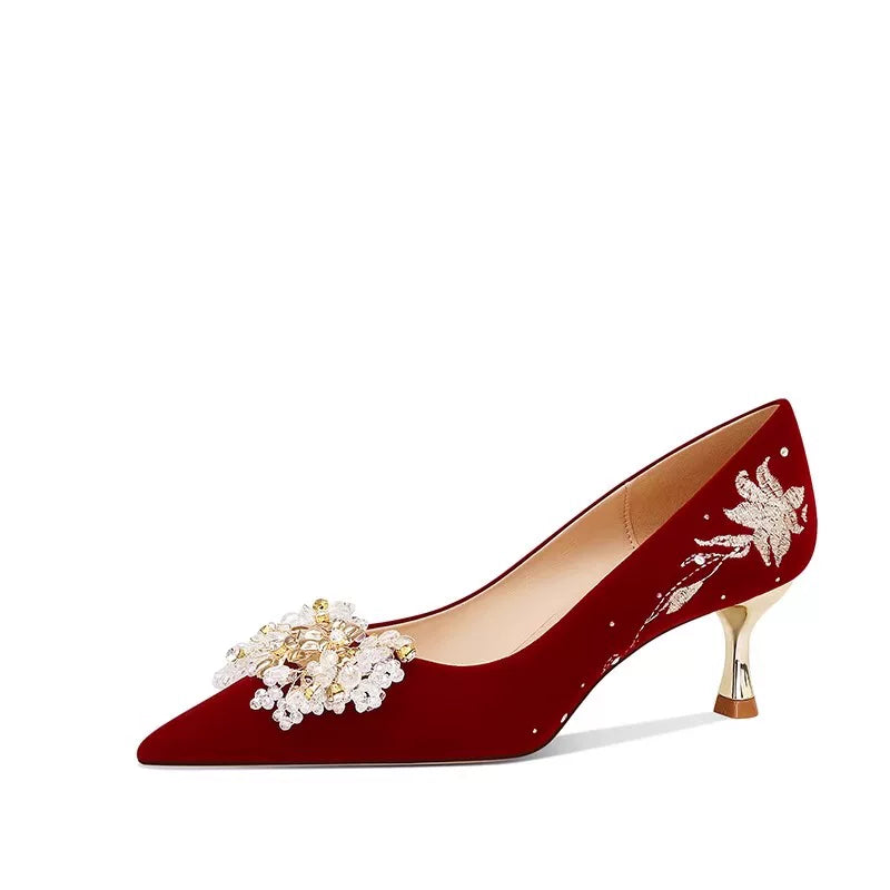 Elegant Red Bridal Wedding Shoes Two‑Way Comfortable Small Stature Heels