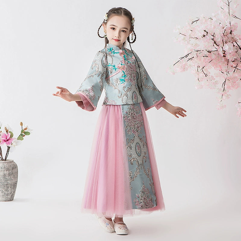 Elite Long Sleeve Children's Hanfu Cheongsam Traditional Wedding Dress Set