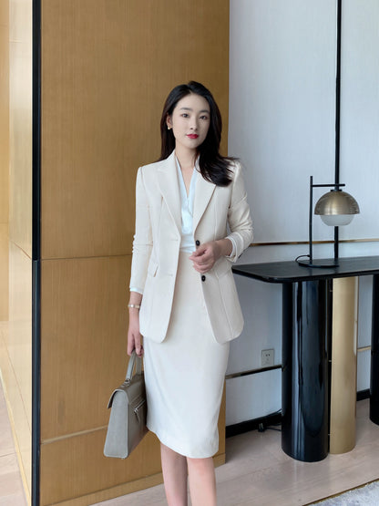 Elegant Off-White Women's Suit Jacket with A-Line Skirt