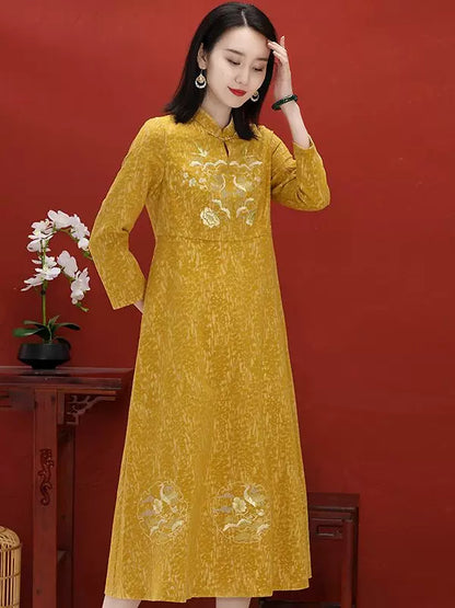 Women's Mid-Length Chinese Style Qipao Dress with Embroidered Collar