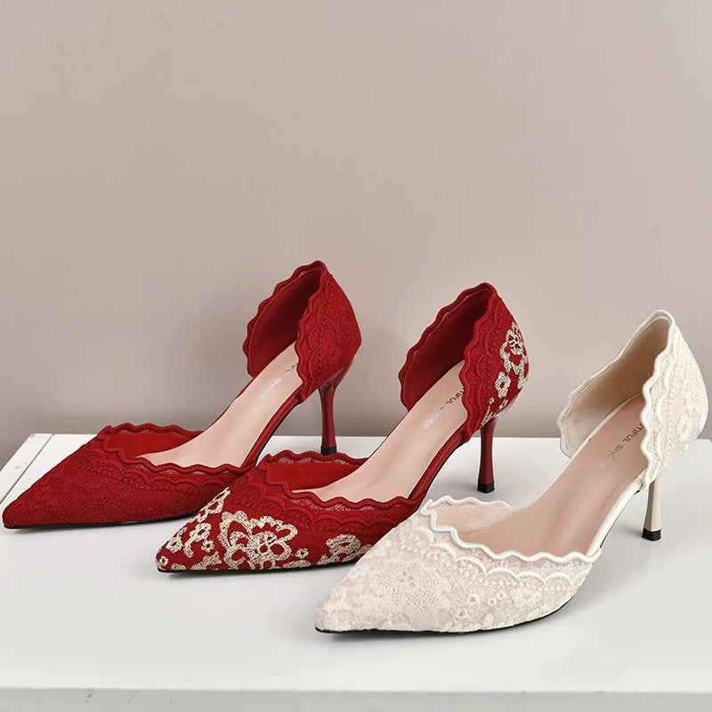 Red Embroidered High Heels for Women 2025 Dual-Wear Bridal Shoes