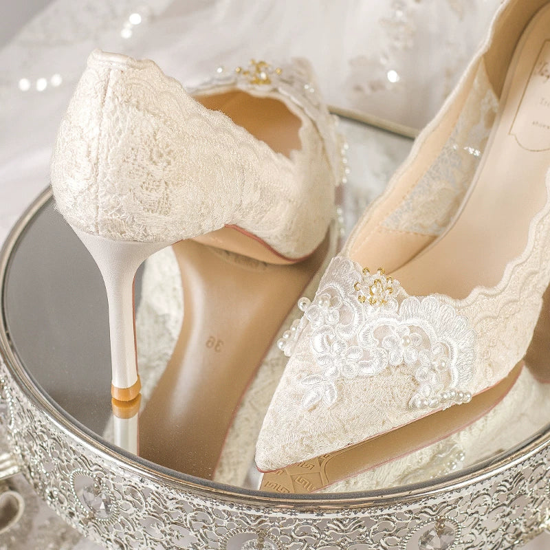 Elegant French Lace Bridal High Heel Shoes White 6cm