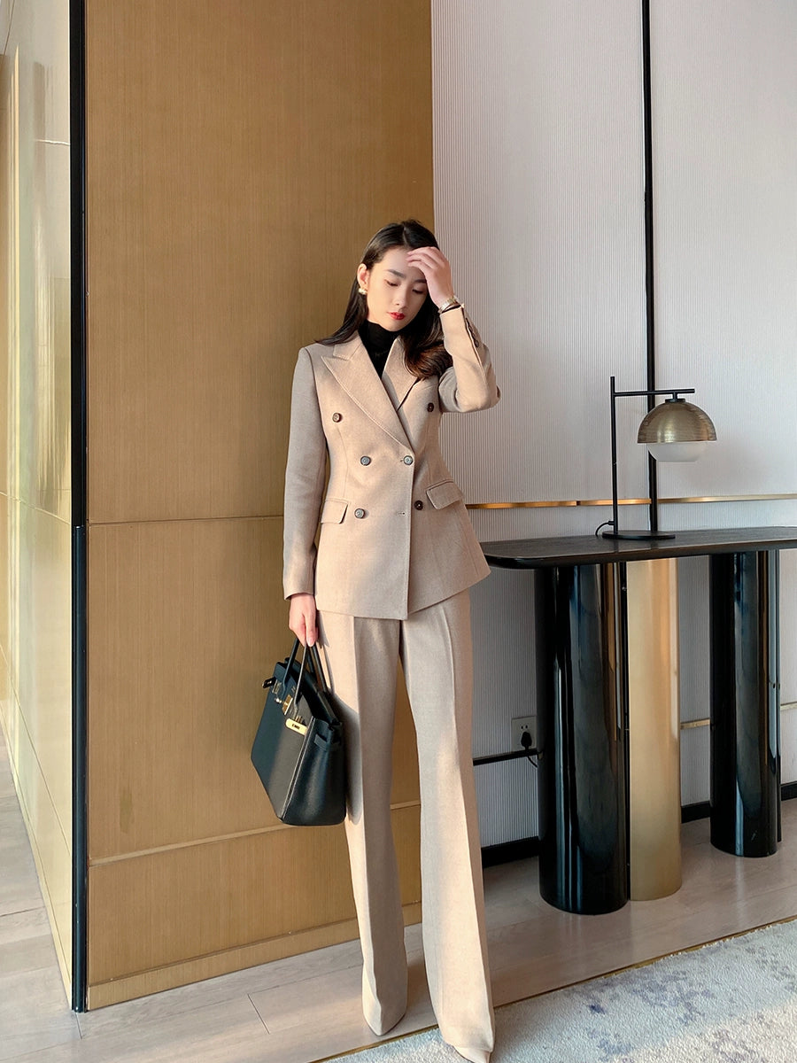 Beige Demi-Season Woolen Women's Suit with Tailored Fit